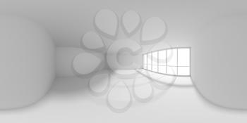 HDRI environment map of white empty office room with empty space and sun light from big window, white colorless 360 degrees spherical panorama background 3d illustration