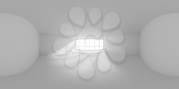 HDRI environment map of empty white office room with empty space and sunlight from large window, colorless white 360 degrees spherical panorama background 3d illustration