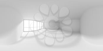 HDRI environment map of white empty office room with empty space and sun light from large window, colorless white 360 degrees spherical panorama background 3d illustration
