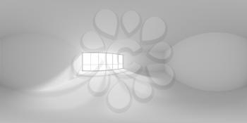 HDRI environment map of empty white office room with empty space and sunlight from big window, colorless white 360 degrees spherical panorama background 3d illustration