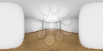 HDRI environment map of white empty room with walls, brown hardwood parquet floor and soft light, with niche, white minimalist 360 degrees spherical panorama interior background, 3d illustration