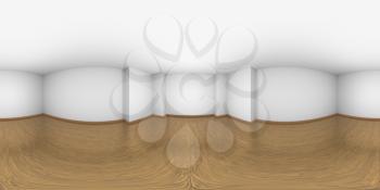White empty room HDRI environment map with walls, brown wooden parquet floor and soft light, with niche, white minimalist 360 degrees spherical panorama interior background, 3d illustration
