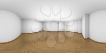 HDRI environment map of empty white room with walls, brown hardwood parquet floor and soft light, white minimalist 360 degrees spherical panorama interior background, 3d illustration