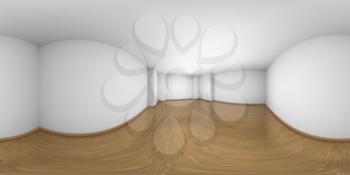 Empty white room with walls, brown hardwood parquet floor and soft light, HDRI environment map, white minimalist 360 degrees spherical panorama interior background, 3d illustration
