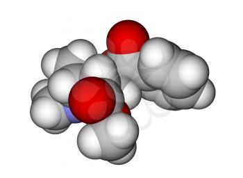 Optimized molecular structure of cocaine (space filling model) on a white background