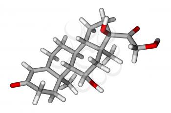 Optimized cortisol molecular model on a white background