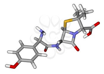 Optimized molecular structure of antibiotic amoxicillin on a white background