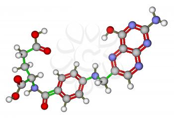 Optimized molecular structure of folic acid (vitamin B9) on a white background