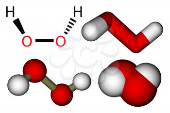 Hydrogen peroxide (H2O2) structural formula and 3D molecular models