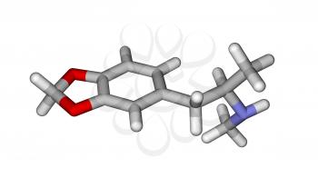Calculated and optimized molecular structure of MDMA (3,4-Methylenedioxymethamphetamine or ecstasy; R-enantiomer) on a white background