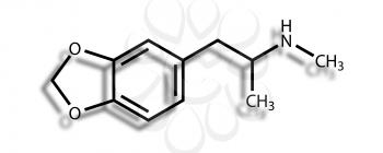 Structural formula of MDMA (3,4-Methylenedioxymethamphetamine or ecstasy) drawn on a white background