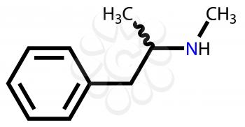 Structural formula of methamphetamine on a white background