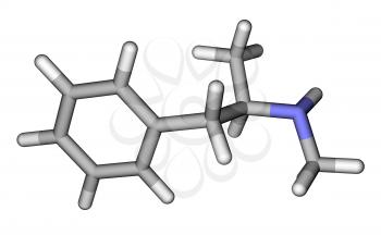 Optimized molecular structure of methamphetamine on a white background