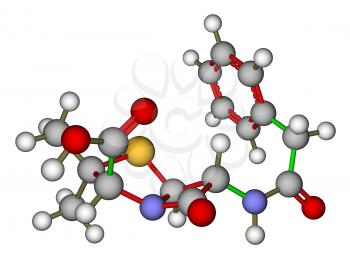 Optimized molecular structure of penicillin G (benzylpenicillin) on a white background