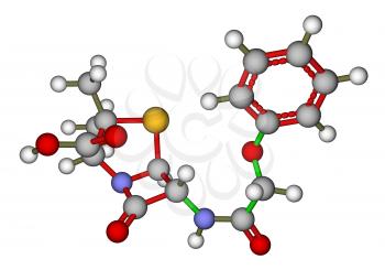 Optimized molecular structure of penicillin V (phenoxymethylpenicillin) on a white background