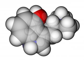 Optimized molecular structure of hallucinogen psilocin on a white background