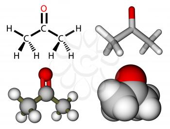 Acetone structural formula and molecular models