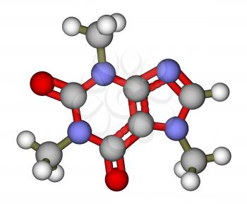 Optimized molecular structure of caffeine on a white background