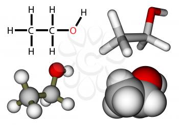 Ethyl alcohol structural formula and molecular models