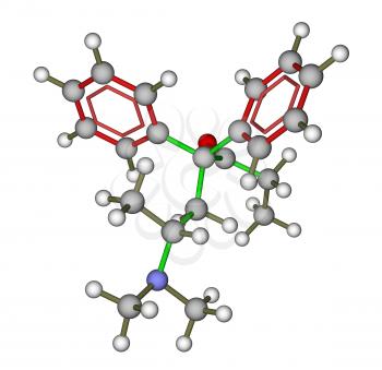 Optimized molecular structure of methadone (synthetic opioid) on a white background
