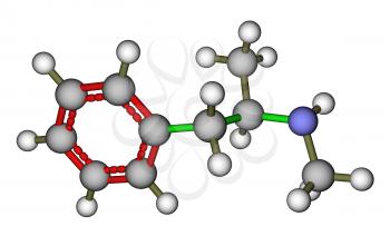 Optimized molecular structure of methamphetamine on a white background