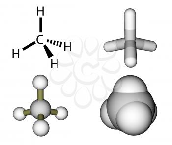 Methane structural formula and molecular models isolated on a white background