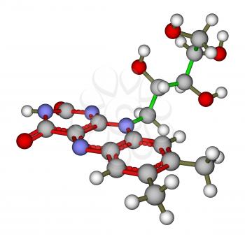 Optimized molecular structure of riboflavin (vitamin B2) on a white background