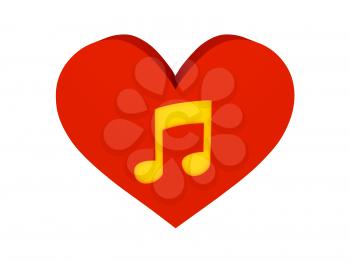 Big red heart with music symbol. Concept 3D illustration.