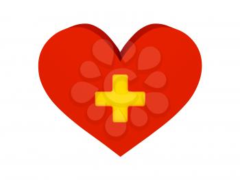 Big red heart with cross symbol. Concept 3D illustration.