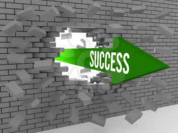 Arrow with word Success breaking brick wall. Concept 3D illustration.