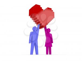 Male and female figures holding heart. Concept 3D illustration.