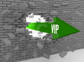 Arrow with word Vip breaking brick wall. Concept 3D illustration.