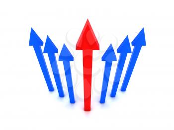Rising blue arrows with red arrow in center. Concept 3D illustration.