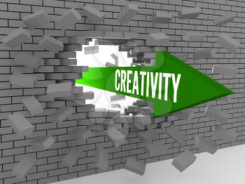 Arrow with word Creativity breaking brick wall. Concept 3D illustration.