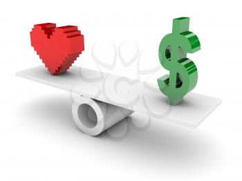 Love and Money opposition. Concept 3D illustration.