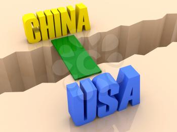 Two countries CHINA and USA united by bridge through separation crack. Concept 3D illustration.