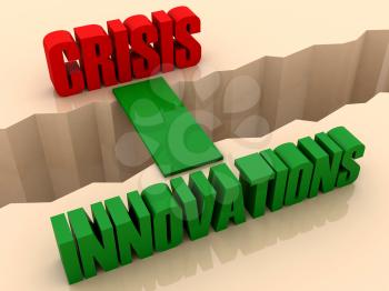 Two words CRISIS and INNOVATIONS united by bridge through separation crack. Concept 3D illustration.