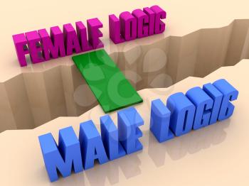 Two phrases FEMALE LOGIC and MALE LOGIC united by bridge through separation crack. Concept 3D illustration.