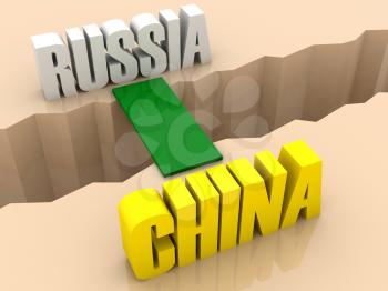 Two countries RUSSIA and CHINA united by bridge through separation crack. Concept 3D illustration.