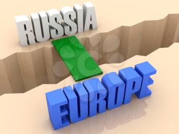 Two words RUSSIA and EUROPE united by bridge through separation crack. Concept 3D illustration.