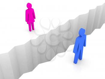 Man and woman split on sides, separation crack. Concept 3D illustration.