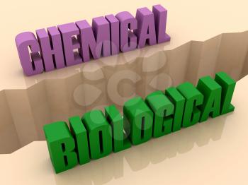 Two words CHEMICAL and BIOLOGICAL split on sides, separation crack. Concept 3D illustration.