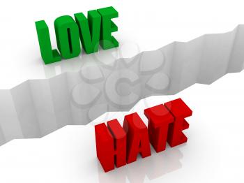 Two words LOVE and HATE split on sides, separation crack. Concept 3D illustration.