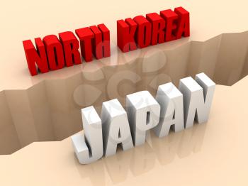 Two countries NORTH KOREA and JAPAN split on sides, separation crack. Concept 3D illustration.