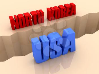 Two countries NORTH KOREA and USA split on sides, separation crack. Concept 3D illustration.