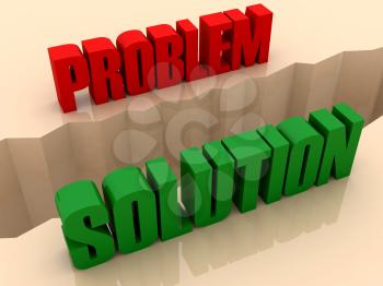 Two words PROBLEM and SOLUTION split on sides, separation crack. Concept 3D illustration.