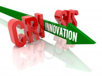 Arrow with word Innovation breaks word Crisis. Concept 3D illustration.