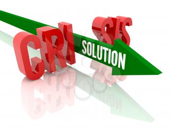 Arrow with word Solution breaks word Crisis. Concept 3D illustration.