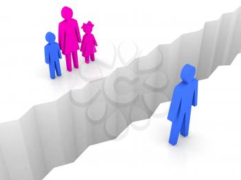 Man and woman with children split on sides, separation crack. Concept 3D illustration.