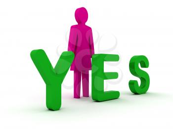 Female figure standing near to an yes icon. Concept 3D illustration